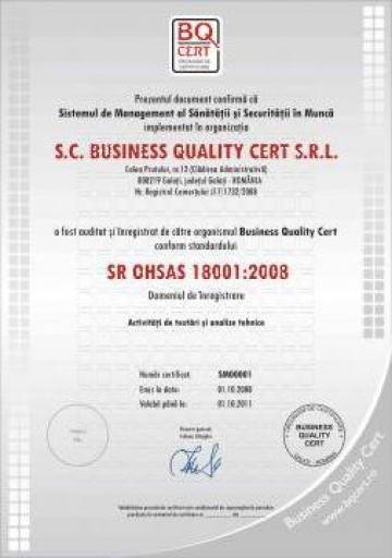 Certificat SSM conform SR OHSAS 18001:2008 de la Business Quality Cert S.r.l.