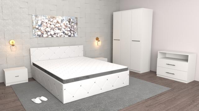 Dormitor Milano alb cu comoda TV alba, dulap 3 usi alb, pat de la Wizmag Distribution Srl
