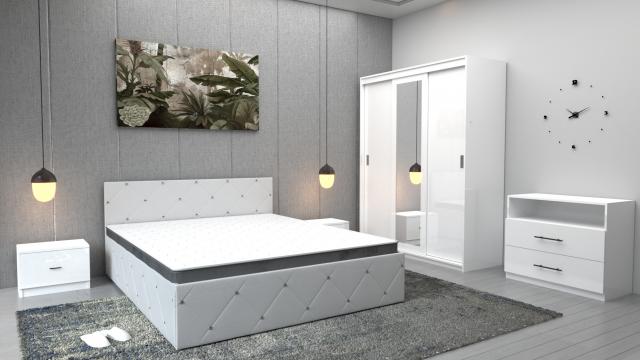 Dormitor Milano alb cu dulap Royal alb, comoda Tv alba de la Wizmag Distribution Srl
