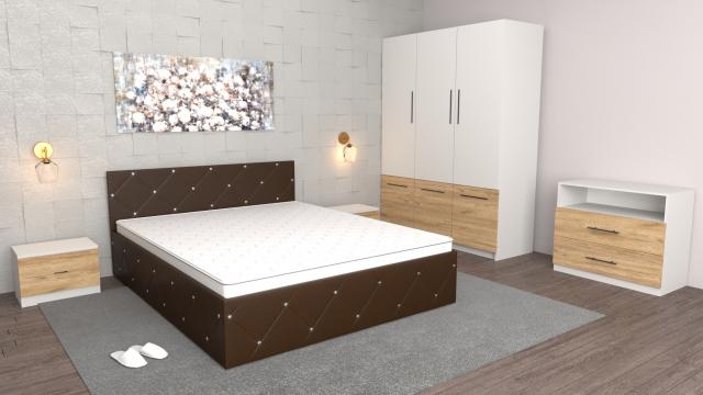 Dormitor Milano Wenge Alb Oak Craft cu comoda Tv Pat
