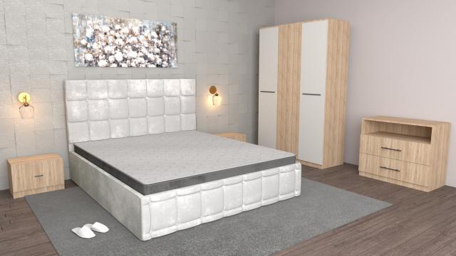 Dormitor Regal Alb Sonoma cu comoda Tv Sonoma dulap 3 usi