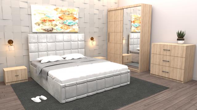 Dormitor Regal cu pat tapitat alb stofa cu dulap
