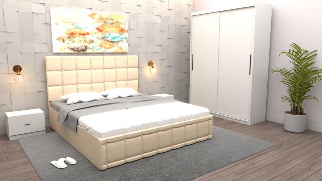 Dormitor Regal cu pat tapitat crem imitatie piele cu dulap de la Wizmag Distribution Srl