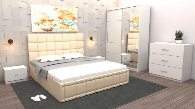 Dormitor Regal cu pat tapitat crem imitatie piele cu dulap