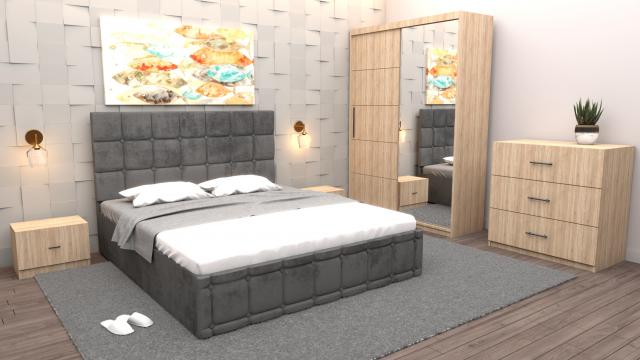 Dormitor Regal cu pat tapitat gri stofa cu dulap usi de la Wizmag Distribution Srl