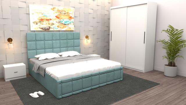 Dormitor Regal cu pat tapitat turcoaz stofa cu dulap usi de la Wizmag Distribution Srl