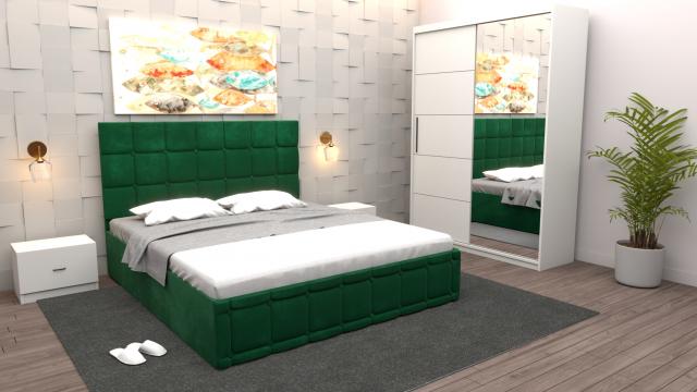 Dormitor Regal cu pat tapitat verde stofa cu dulap usi de la Wizmag Distribution Srl