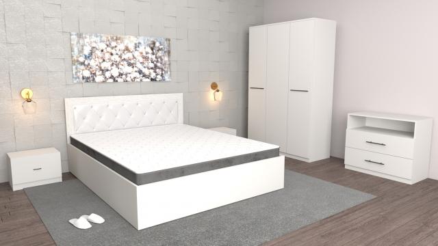Dormitor Royal alb cu comoda tv alba, dulap 3 usi alb, pat de la Wizmag Distribution Srl