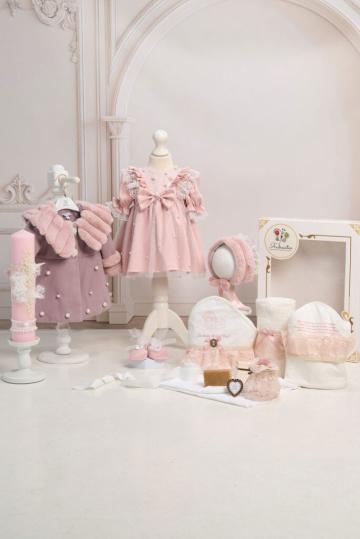 Set botez Celeste si palton Anne + Trusou + Lumanare - roz