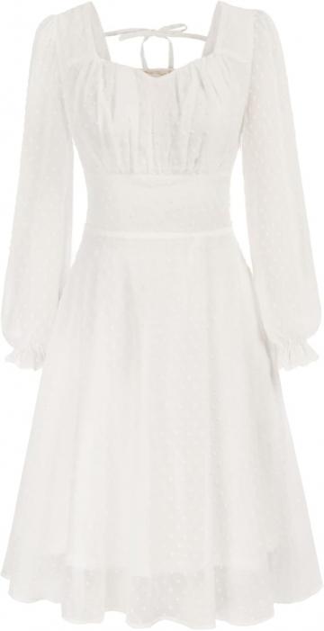 Rochie eleganta peste genunchi, maneci lungi, alba, dantela