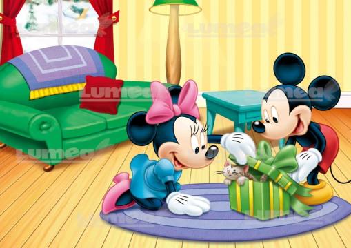 Imagine comestibila tort din zahar Mickey si Minnie cu cadou