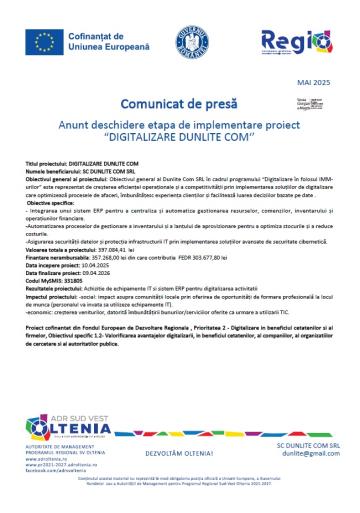 Comunicat de presa de la Dunlite Com Srl