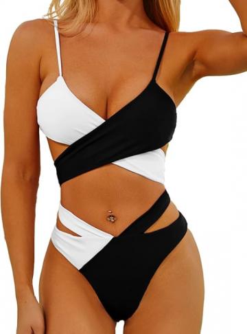 Costum de baie femei din 2 piese alb, negru marimea L