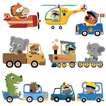 Sticker autocolant perete copii, Animale in Masinute, Tren