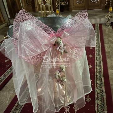 Decor aranjament cristelnita botez, fetita, roz