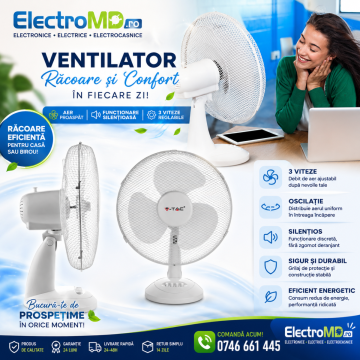 Ventilator de birou V-TAC 40W, 12 inch (30 cm), 3 pale, alb